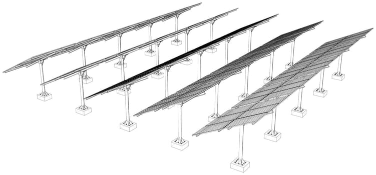 Solar Panel Field. 3d illustration. Wire-frame style