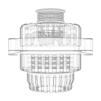 Car generator on white. 3d illustration. Wire-frame style