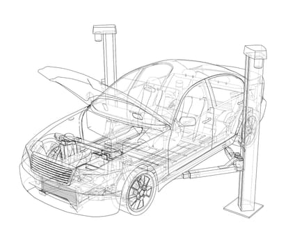 Car lift stand tower with car. 3d illustration