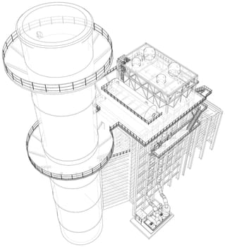 Industrial equipment. Large Industrial Furnace. 3d illustration. Wire-frame style