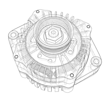 Car generator on white. 3d illustration. Wire-frame style