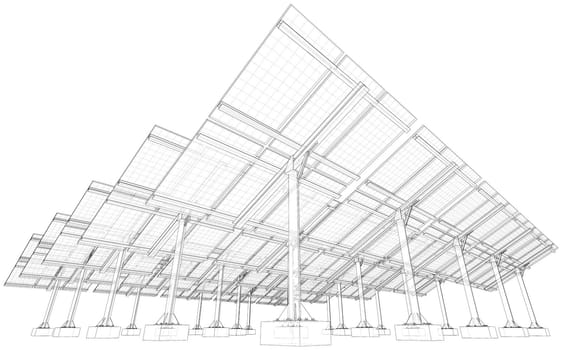 Solar Panel Field. 3d illustration. Wire-frame style