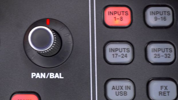 Professional digital audio mixer. Control panel on the digital macro remote control. The camera makes a slide. 4k