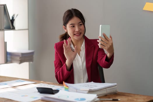 Business people have business meeting via video call by smartphone. meeting, discussing online concept