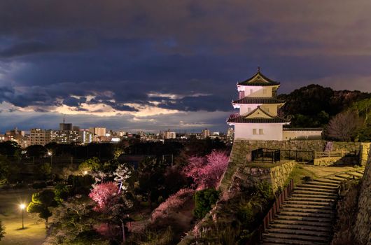 Ancient watchtower over castle grounds lit up after sunset. High quality photo