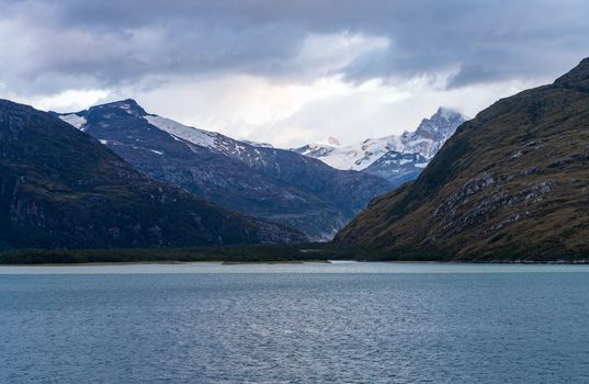 Ice and snow on mountains in Glacier Alley of Beagle channel in Chile