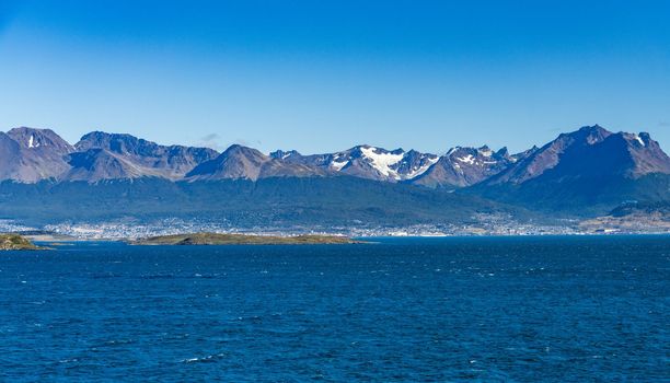 Panorama of the city of Ushuaia in Patagonia Argentina under the snow mountains