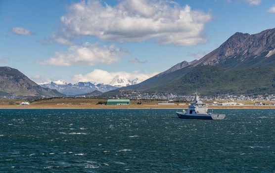 Ushuaia, Argentina - 28 January 2023: Navy frigate at anchor by the airport
