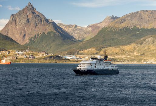 Ushuaia, Argentina - 28 January 2023: Hebridean Sky expedition cruise ship at anchor in bay