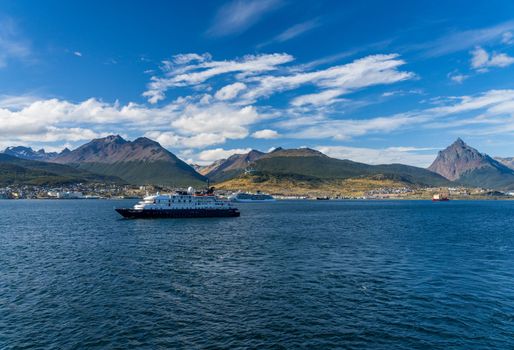 Ushuaia, Argentina - 28 January 2023: Hebridean Sky expedition cruise ship at anchor in bay