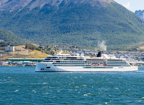 Ushuaia, Argentina - 28 January 2023: Viking Polaris expedition cruise ship showing damage from wave accident
