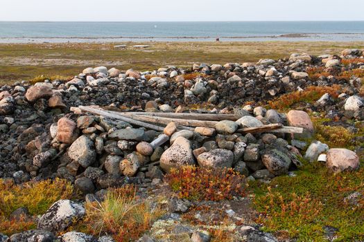 Remains of an Inuit food cache along the coast of Hudson Bay north of Arviat at a place called Qikiqtarjuq, Nunavut, Canada