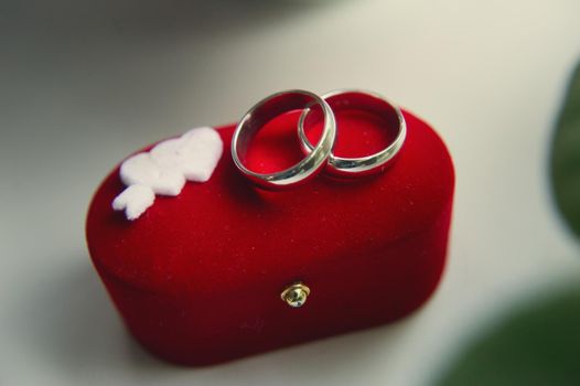 Wedding rings in the jewelry box at the wedding ceremony.