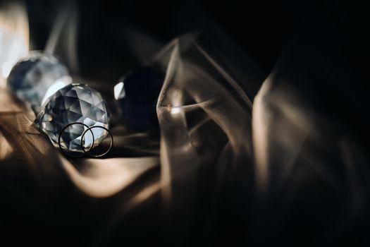 Close-up of two gold wedding rings for a wedding.