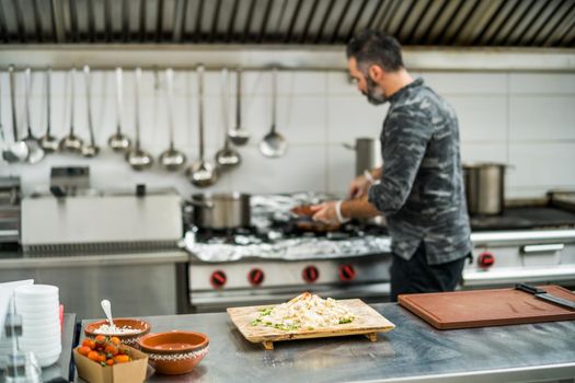 Professional cook is preparing meal in restaurant's kitchen.