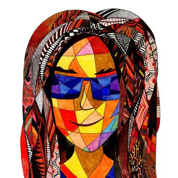 A fantasy woman stained glass portrait drawn by color pencils. Hand-Drawn illustration of an attractive girl with colored hair.