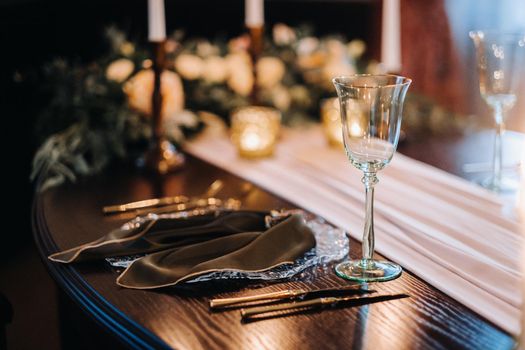 wedding table decoration on the table in the castle, Cutlery on the table.