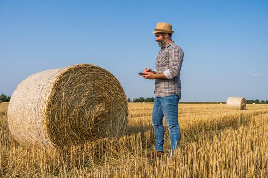 Happy farmer is standing beside bales of hay. He is examining straw after successful harvesting.