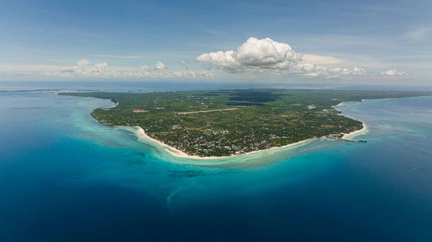 Aerial view of beautiful sandy beach on a tropical island. Kota Beach. Bantayan island, Philippines.