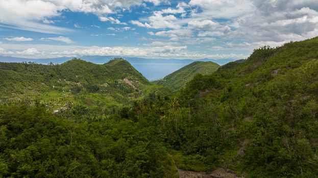 Aerial view of the jungle and rainforest to the sea. Cebu, Philippines.