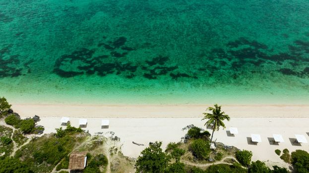 A tropical beach with palm trees and a blue ocean. Bantayan island, Philippines.