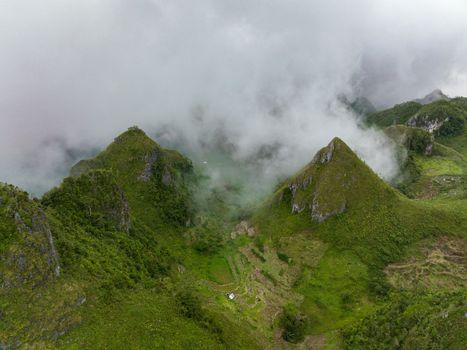 Aerial drone of Osmena Peak. View of green mountains. Cebu Philippines.