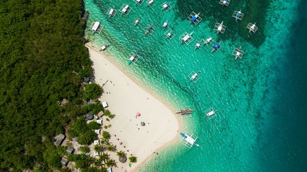 Top view of sland with beautiful beach, palm trees. Virgin Island, Philippines.