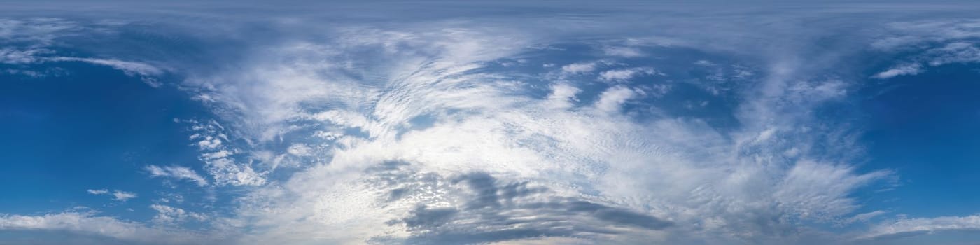 Dark blue sunset sky panorama with pink Cumulus clouds. Seamless hdr 360 pano in spherical equirectangular format. Full zenith for 3D visualization, game, sky replacement for aerial drone panoramas
