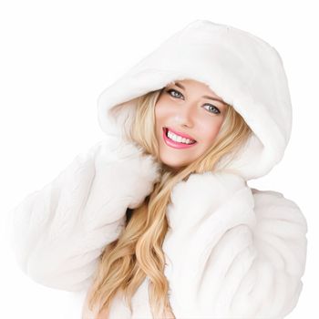 Beautiful woman in white fur coat, beauty and winter fashion.
