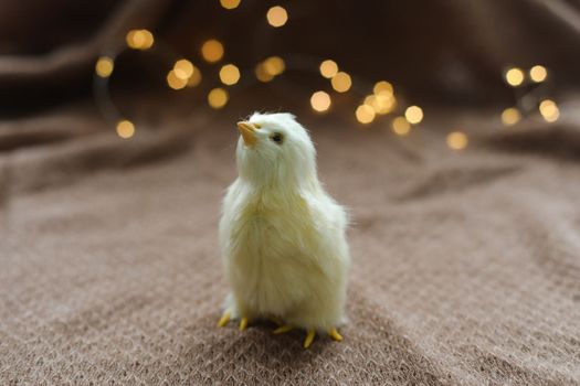 Close-up of a small yellow chicken. Easter card with a copy space. Spring Easter decor. Wallpaper or Banner.