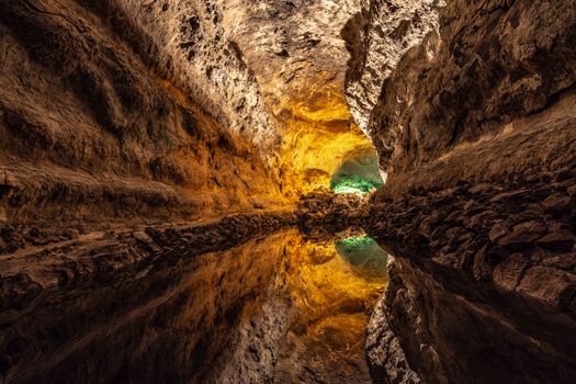 Lanzarote Green Caves, Cueva de los Verdes, underground lake with amazing water reflections. High quality photo
