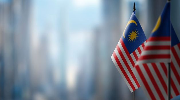 Small flags of the Malaysia on an abstract blurry background.