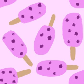 Hand drawn seamless pattern with ice cream popsicle sweet food. Purple violet berries, Summer colorful print with frozen tasty dessert, doodle funny style