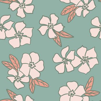 hand drawn seamless pattern with beige periwinkle flowers on sage green background. Floral pastel muted neutral foliage print, spring garden boho bohemian design, bloom blossom art in retro vintage style