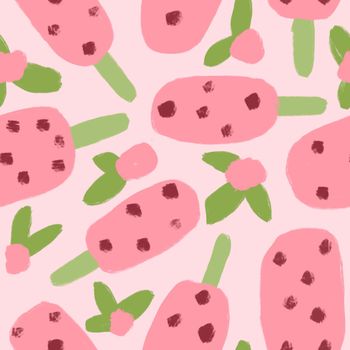 Hand drawn seamless pattern with ice cream popsicle sweet food. Pink rose flowers floral art, summer colorful print with frozen tasty dessert, doodle funny style