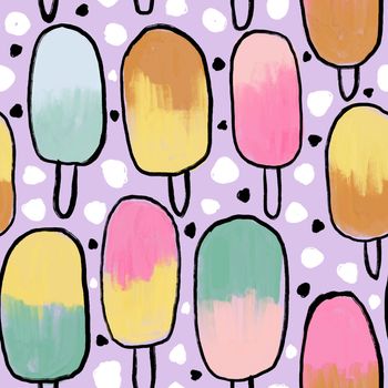 Hand drawn seamless pattern with ice cream popsicle sweet food. Pink yellow green on violet pastel background. Summer colorful print with frozen tasty dessert, doodle funny style