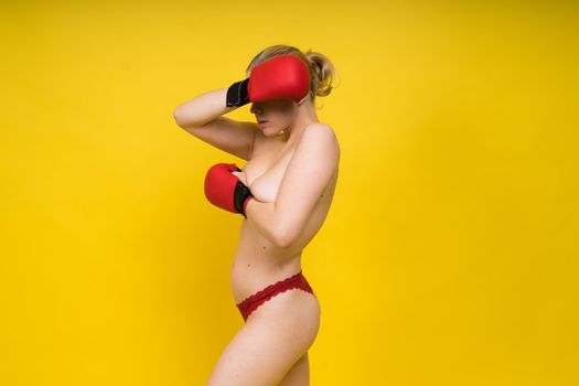 Boxer, seductive confident female boxer with gloves studio, sporty woman posing looking to camera.