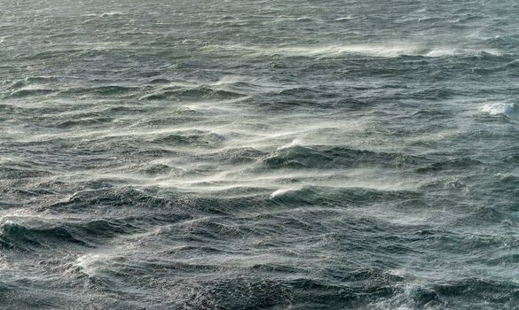 Strong windswept view of ocean near Cape Horn as wind blows white caps