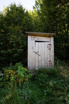 Wooden toilet in a forest grove. Toilet outside in rustic style