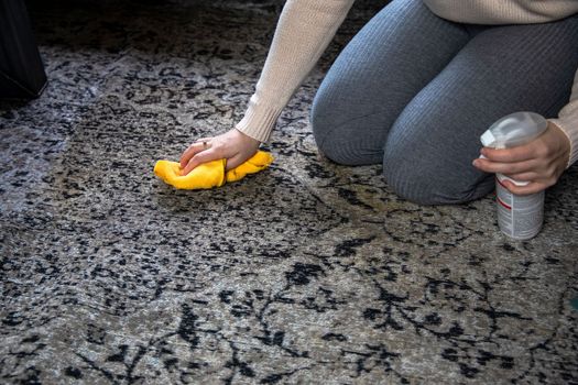 Female cleaning carpet with cloth and sprayer close up, Dirty brown coffee stain, woman cleaning home lifestyle