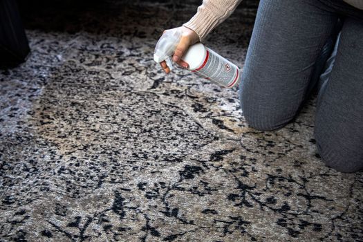 Female cleaning carpet with cloth and sprayer close up, Dirty brown coffee stain, woman cleaning home lifestyle