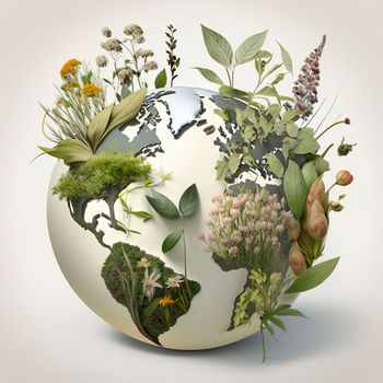 The world surrounded by medicinal plants. World environment day and nature conservation day background. Green mental health concept 3d background isolated on white background. download image