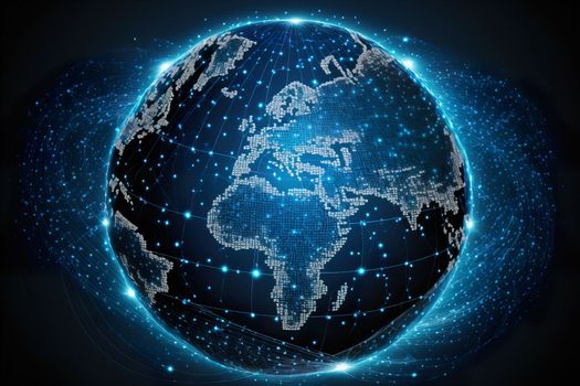 Map of the planet. World map. Global social network. Future. Blue futuristic background with planet Earth. Internet and technology. Floating blue plexus geometric background. download image