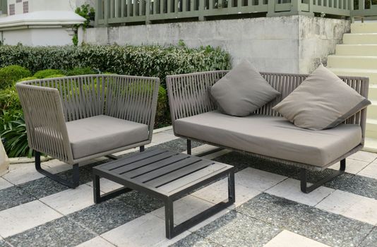 Terrace patio with rattan garden furniture