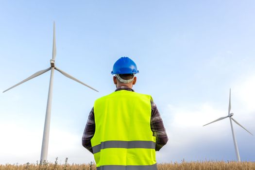 Rear view of maintenance worker wearing helmet and vest checking in wind turbine farm. Copy space. Renewable energies concept.