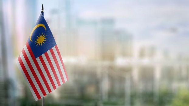 Small flags of the Malaysia on an abstract blurry background.