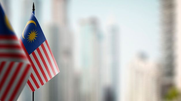 Small flags of the Malaysia on an abstract blurry background.