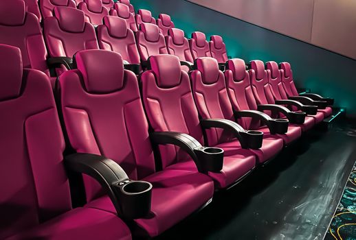 Cinema and entertainment, empty pink movie theatre seats for tv show streaming service and film industry production branding