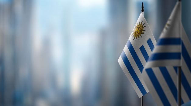 Small flags of the Uruguay on an abstract blurry background.