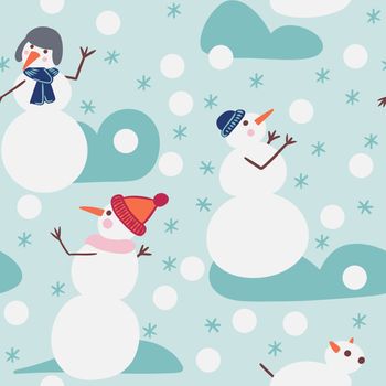 Hand drawn seamless pattern with snowmen playing snowballs in winter snow on blue background. Cute funny christmas new year decor print for textile wrapping paper, cartoon snow dog toys in scarft hat cap, happy holiday celebration art